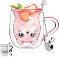 Cute Mugs Glasses Double Wall Insulated Glasses Espresso Cup, Coffee Cup, Tea Cup, Milk Cup, Best Gift for Office and Personal Birthday, Pink Cat