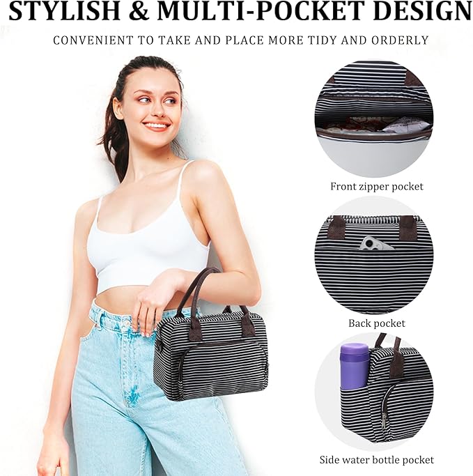 MEXS Lunch Bag for Women Men Insulated Reusable Large Lunch Box Adult Striped Leakproof Portable Cooler Tote Bags for Work Picnic
