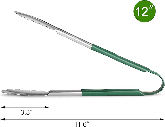 New Star Foodservice 35766 12-Inch Utility Spring Tongs, Stainless Steel, Vinyl Coated, Set of 12, Green