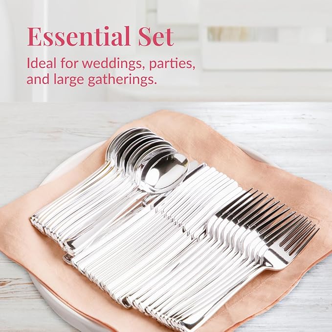 300 Plastic Silverware Set, Silver Plastic Cutlery Set, Disposable Silverware Set | 100 Plastic Forks, 100 Plastic Spoons, 100 Plastic Knives | Heavy Duty Bulk Disposable Flatware Plastic Utensils Set