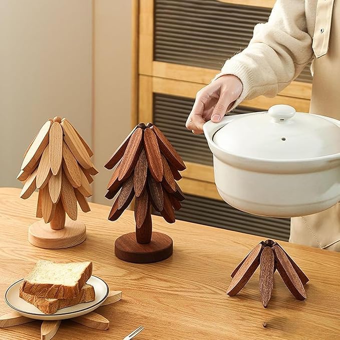 Natural Wood Tree Trivet Set, 𝐍atural Tree Trivet Set - 4 Wooden Trivets,4 Wooden 𝐓rivets & 1 Stand Like a Christmas Trees,for Hot Dish,Pot,Bowl,Teapot,Hot Pot Sets (2Color 4 Trivets,2set)