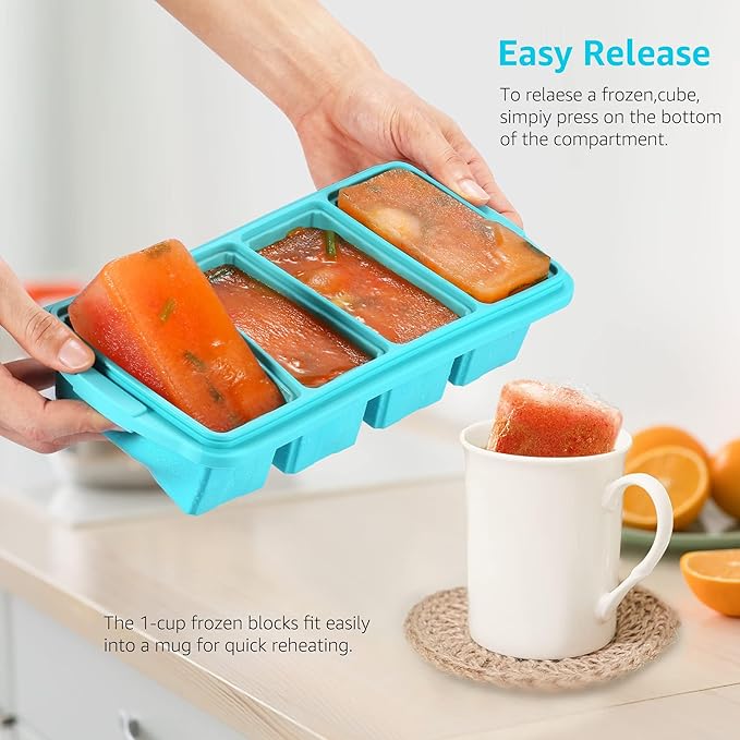 Silicone Freezer Tray With Lid - Silicone Freezer Food Molds- Large Ice Cube Tray,4-Pack Silicone Freezer Container,Freeze & Store Soup, Sauce, Broth,Leftovers - Makes 4 Perfect 1 Cup