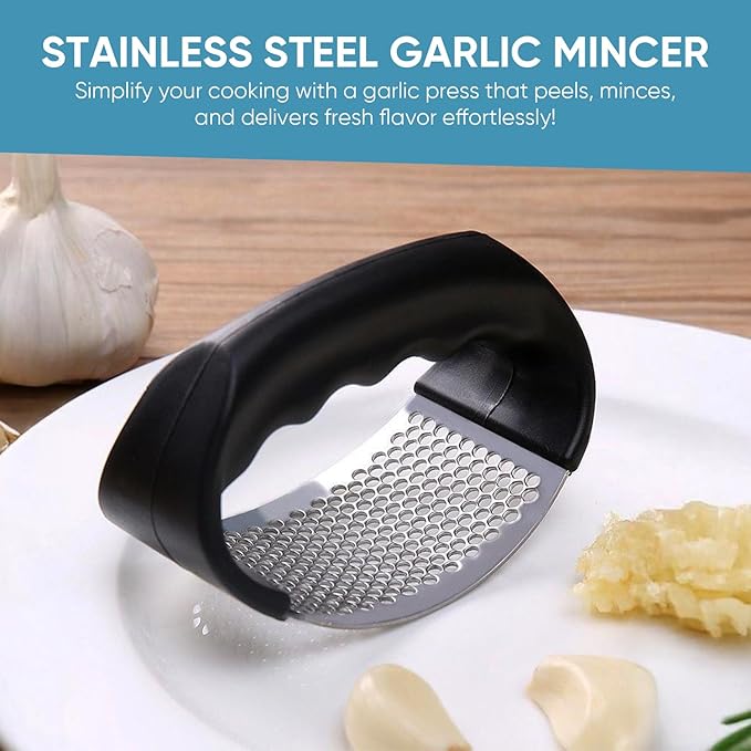 Fourteen Homes Steel Garlic Press - Premium Garlic Mincer Garlic Crusher - New Innovative Garlic Masher with Peeler - Rust Proof - Sturdy Grip (Black)