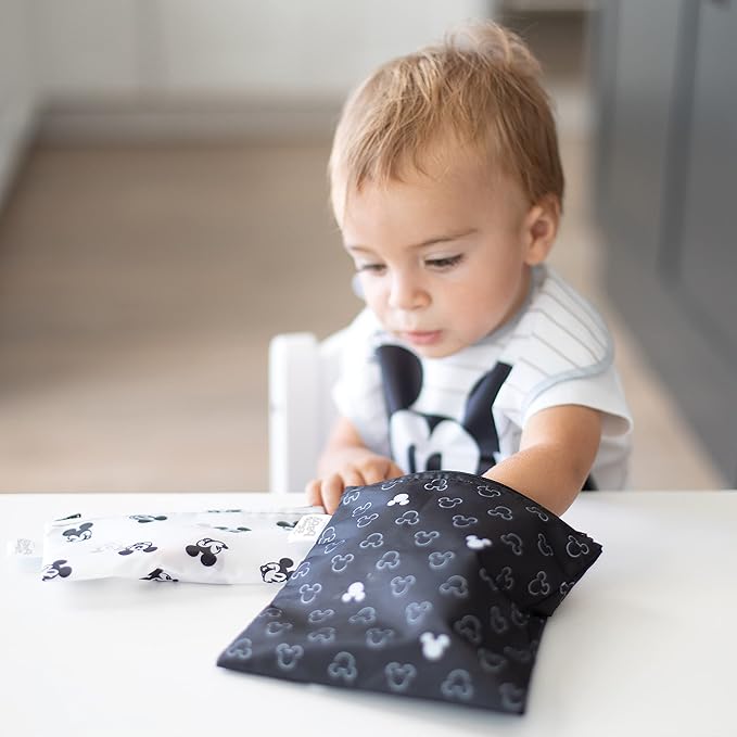 Bumkins - Cloth Snack & Sandwich Bags - For Storage, Travel, Food Prep, Lunch - Reusable, Water Resistant, Washable, Dishwasher Safe - Snack Bags for Kids - Zipper Closure - Love, Mickey - 3 Pack