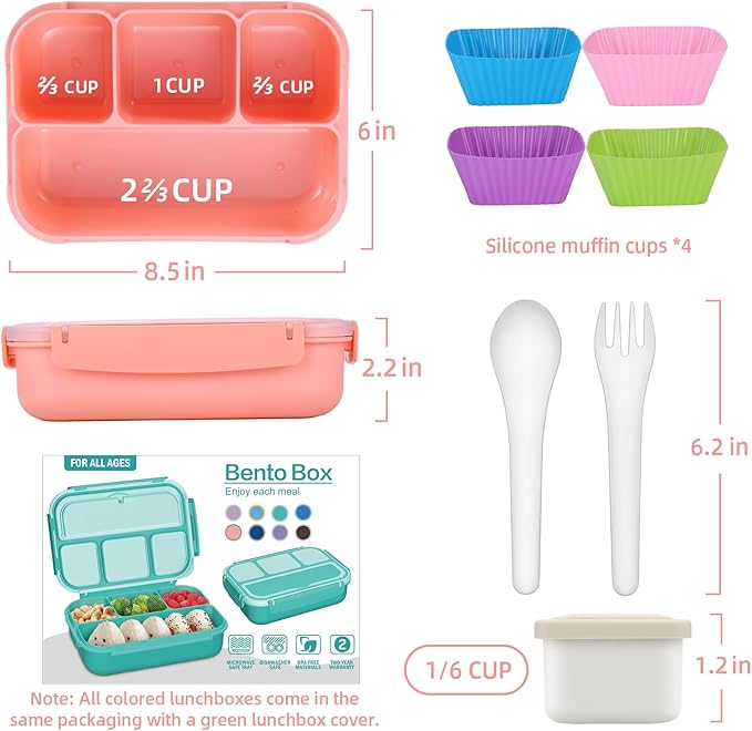 QQKO Bento Box Adult Lunch Box, Lunch Containers for Adults Men Women, Kids Lunch Boxes for School with 4 Compartments, Sauce Container, Utensils and Muffin Cups, Pink