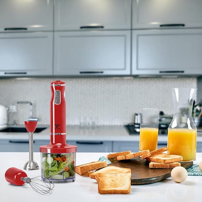 Moss & Stone Hand Blender Electric With Egg Whisk & Chopper, Powerful 300 Watt Immersion Hand Blender Set, Mixer Set Stainless Steel Shaft & Blades, Red Handheld Mixer With Ergonomic Grip