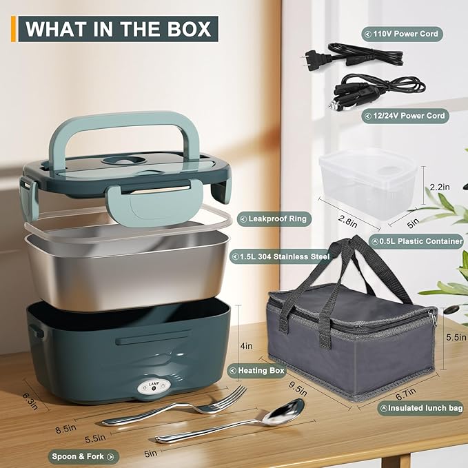 Monteka Electric Lunch Box Food Heater - Leakproof Portable Food Warmer heated lunch box for adults for Car/Home/Truck with 1.5L Removable Stainless Steel Container, Gifts for Men, 12V/24V/110V