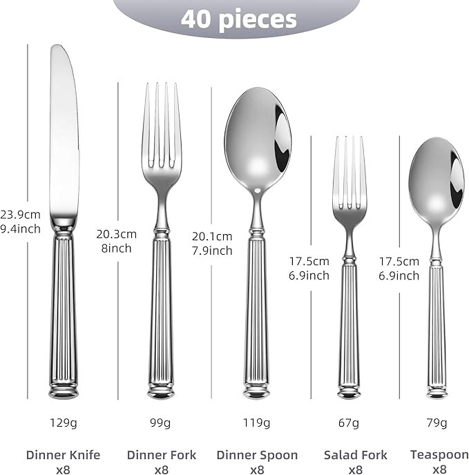 40-Piece Heavy Duty Silverware Set for 8, 18/10 Stainless Steel Forged Flatware Set, Extra Thick Heavy Weight, Ideal for Gift