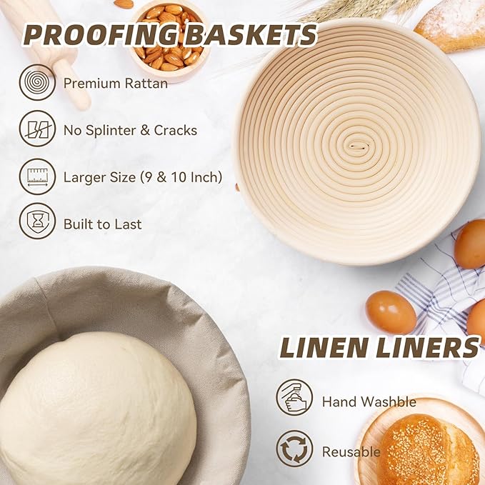 Bread Proofing Basket, Kikcoin Banneton Bread Proofing Basket Set of 2, 9 Inch & 10 Inch Round Sourdough Proofing Basket with Linen Liner, Bread Lame, Dough Whisk