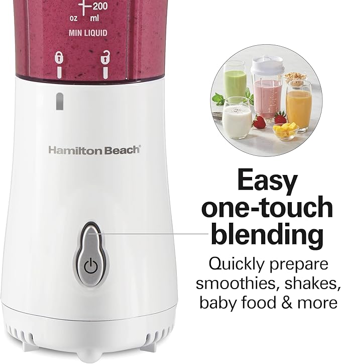 Hamilton Beach Portable Blender for Shakes and Smoothies, 14 Oz BPA Free Travel Cup & Lid, Durable Stainless Steel Blades, Personal Smoothie Blender, 2 Jars - White (51102V)