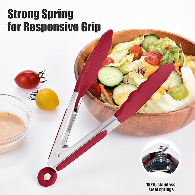 Doosu Kitchen Tongs for Cooking - 600°F Heat Resistant Food Tong Set with Non-Scratch Silicone Tips, Heavy Duty Stainless Steel Locking Tong for BBQ, Grilling Steak, Serving Salad (7+9+12in, Red)