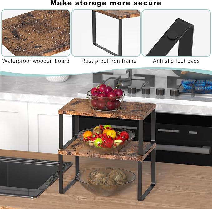 Set of 4 Counter Shelves Kitchen Stackable Cabinet Shelf Wood Organizer Expandable Counter Top Racks Brown Bathroom Counter organizer