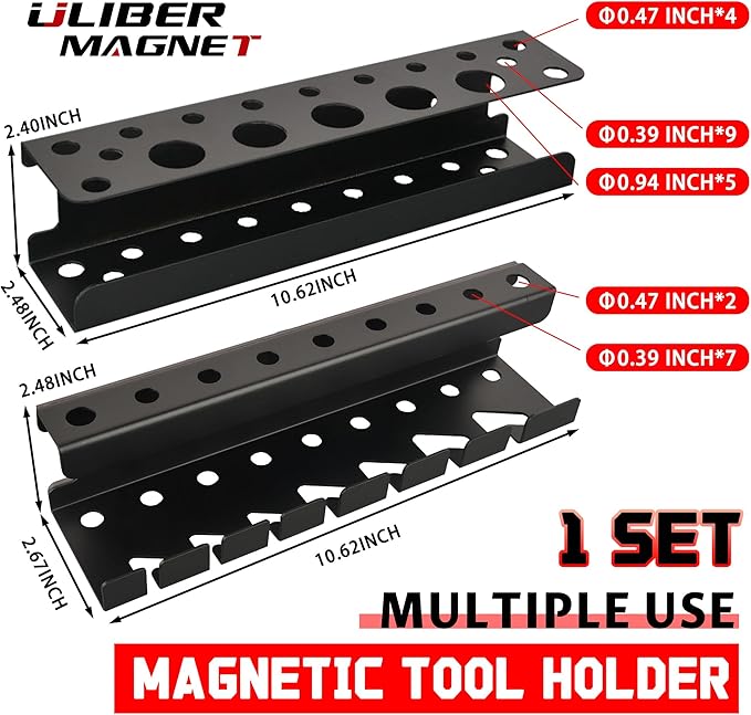 ULIBERMAGNET Magnetic Screwdriver Holder,Magnetic Wrench Holder,Heavy Duty Black Metal Tool Storage Organizer,Set of 2 Magnetic Mount Tool Holder for Garage,Workbench,Tool Cart,PegBoard