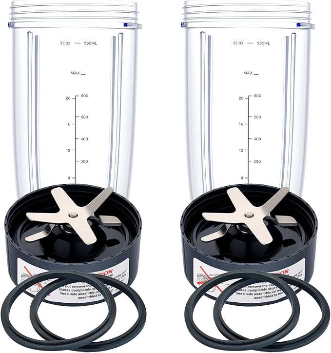 Upgrade Blender Cups and Blades Fit for Nutribullet 600w/900w, Replacement Parts 32oz Cups and Extractor Blades with 4 Rubber Gaskets, Blender Accessories (8 Pcs)