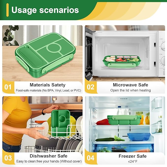 Bento Box Adult Lunch Box Kids,Lunch Containers for Adults/Kids/Toddler,5 Compartments Bento Lunch Box with Sauce Vontainers,Microwave & Dishwasher & Freezer Safe,BPA-Free (Emerald green)
