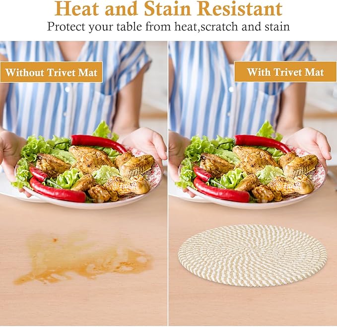Billbotk 8"" Trivets for Hot pots and Pans, 6 Heat Resistant Hot Pads, Pot Holders for Kitchen, Hot Plate Mats for Table, Kitchen Decor for Counter, Home Essentials, Farmhouse, Brown, WT-6-2