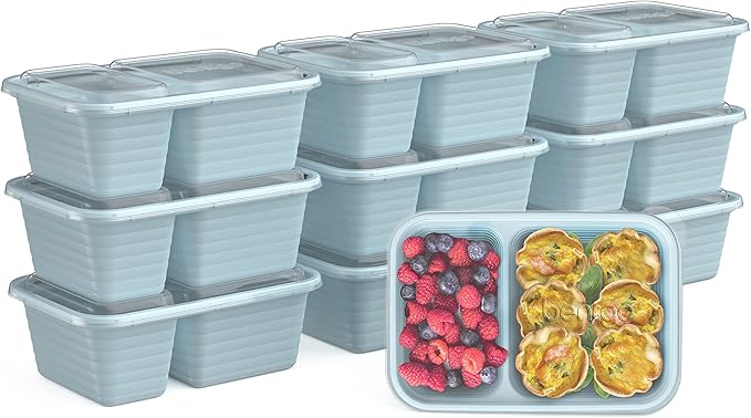Bentgo Prep - 2-Compartment Snack Containers with Lids - Reusable, Microwaveable, Durable PFAS & BPA-Free, Freezer and Dishwasher-Safe Meal Prep Food Storage - 10 Trays & 10 Lids (Sky)
