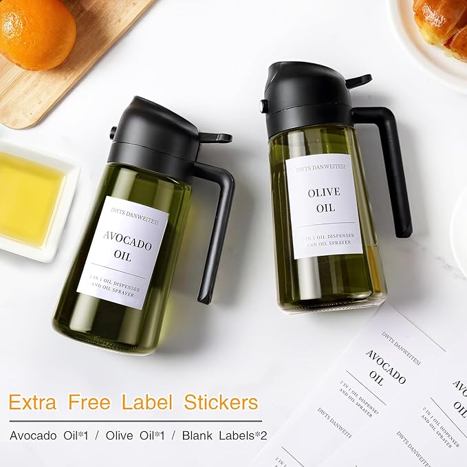 DWTS DANWEITESI Oil Sprayer for Cooking 2pcs,2 in 1 Oil Dispenser and Oil Sprayer Kitchen Gadgets,16oz Dark Green Glass Oil Spray Bottle(Light Blockage),Perfect Kitchen Accessories