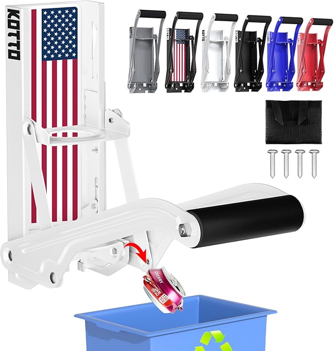 2025 New Auto-Eject Can Crusher with Trash Bag Organizer - Built-in Bottle Opener, Works for 8/12/16oz Cans, Wall-Mounted Recycling Tool (white-US flag)