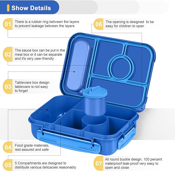 Bento Box Adult Lunch Box Kids,Lunch Containers for Adults/Kids/Toddler,5 Compartments Bento Lunch Box with Sauce Vontainers,Microwave & Dishwasher & Freezer Safe,BPA-Free (Navy)