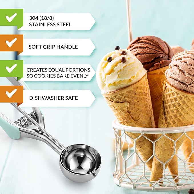 Spring Chef Medium #40 Stainless Steel Cookie Scoop for Baking, Multifunctional Kitchen Food Scooper with Trigger Release, 1.7 Tablespoon Melon Scooper - Dishwasher Safe Meatball Scoop - Mint