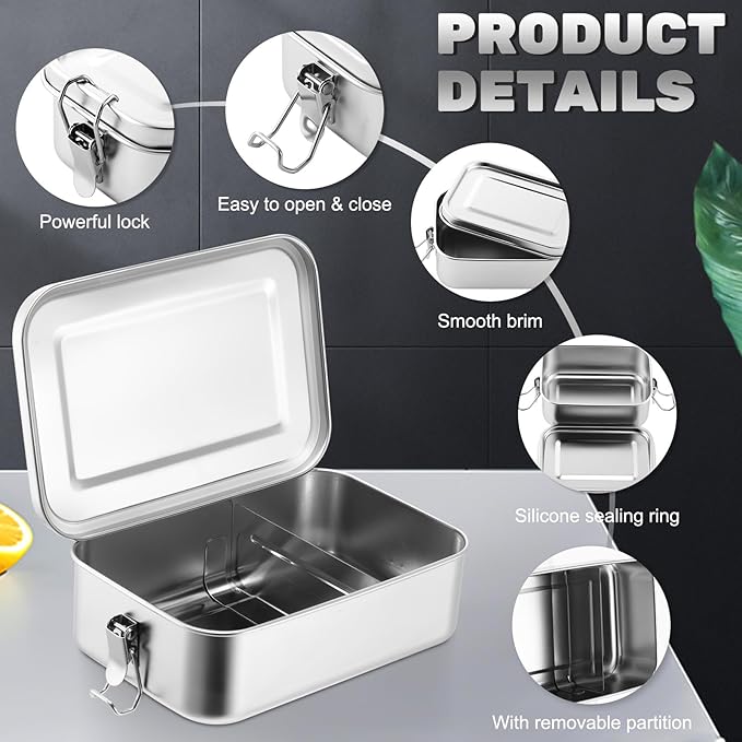 Umigy 6 Pcs Stainless Steel Food Containers 550/850/1000/1200/1400/24000 ml Metal Bento Lunch Box Stainless Steel Food Storage Containers, Lockable Clips to Leak Proof, Reusable Dishwasher Snack Box
