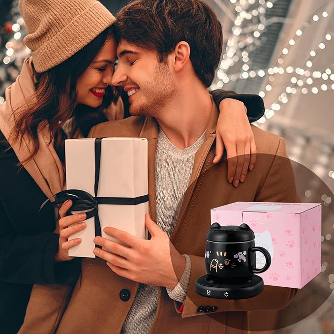 Coffee Mug Warmer & Cute Cat Mug Set, Electric Cup Warmer for Desk with Auto Shut Off, 4 Temperature Setting & 8h Timer Smart Tea Beverage Warmer for Coffee Office, Ideal for Men Women Birthday Gifts