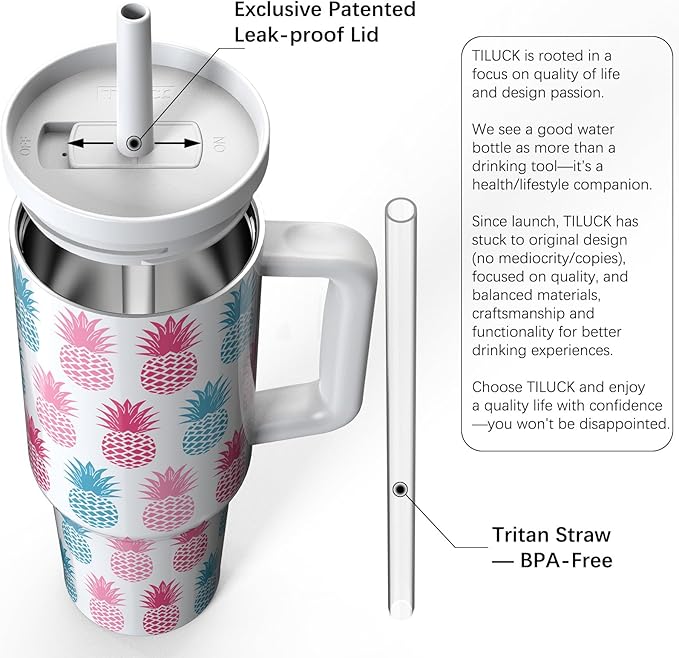 TILUCK 40 oz Tumbler with Handle, Vacuum Insulated Stainless Steel Travel Mug with 100% Leak-Proof Silicone Straw Lid, Cupholder Friendly Water Bottle(Pineapple, 40oz)