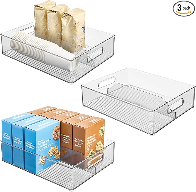 iDesign Divided Pantry Bin with Handles for Pantry, Refrigerator, or Freezer - Set of 3 - Clear