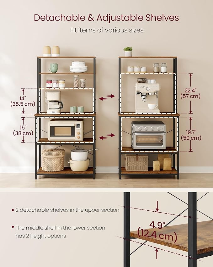 VASAGLE Coffee Bar, 31.5 Inches Baker's Rack for Kitchen with Storage, 6-Tier Kitchen Shelves with 6 Hooks, Microwave Stand, Industrial, Rustic Brown and Black UKKS019B01