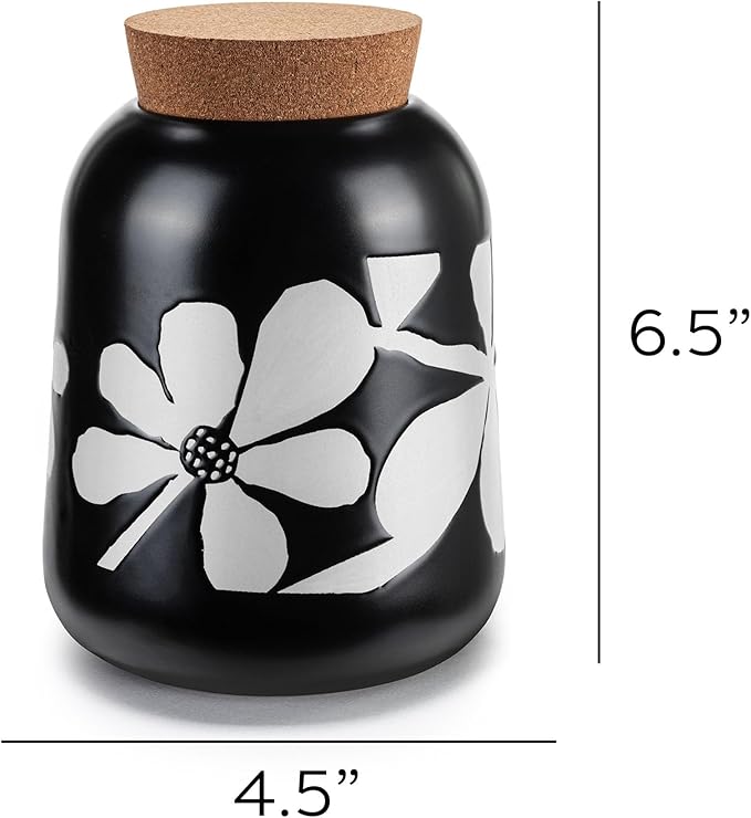 DEMDACO Bold Floral Medium Cork Lid Trendy Storage Black 4.5 x 6.5 Stoneware Canister Container