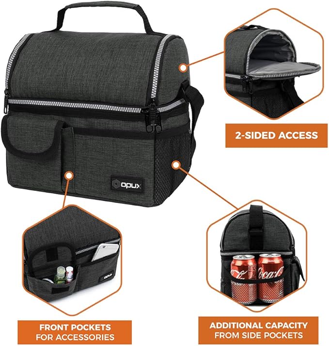 OPUX Lunch Box for Men, Adult Lunch Box Cooler, Insulated Lunch Bag Women, Dual Compartment Lunchbox for Work, Leakproof Double Decker Lunch Bag, Soft Lunch Pail Tote Boys Girls Kids School, Dark Gray