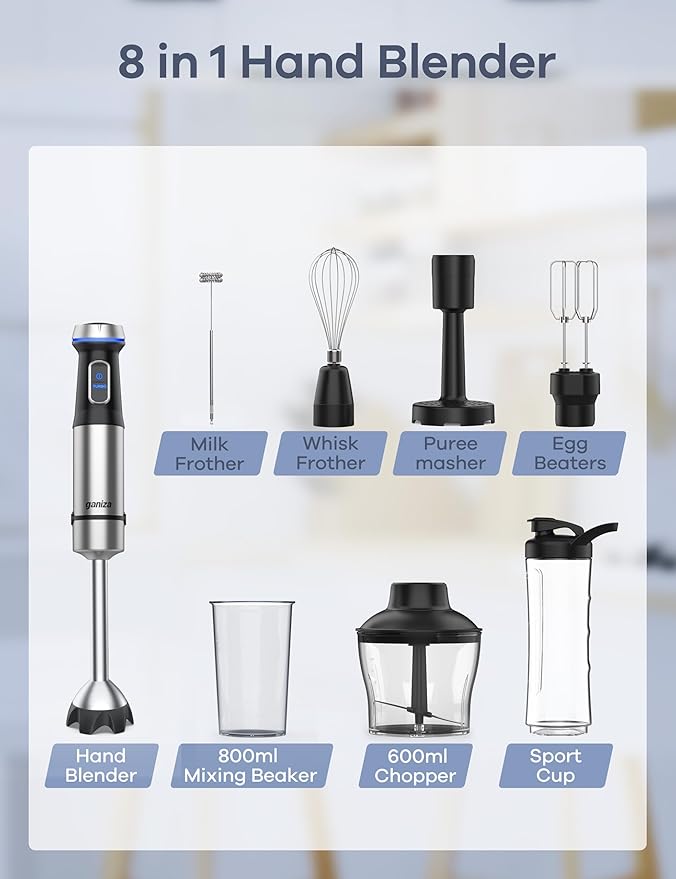 Ganiza Immersion Blender 8 in 1 Hand Blender Max 1000W Heavy Duty Motor, 16 Speed Mode Handheld Blenders Immersion Stainless Steel Sitck Blender Includes 8 Total Pieces