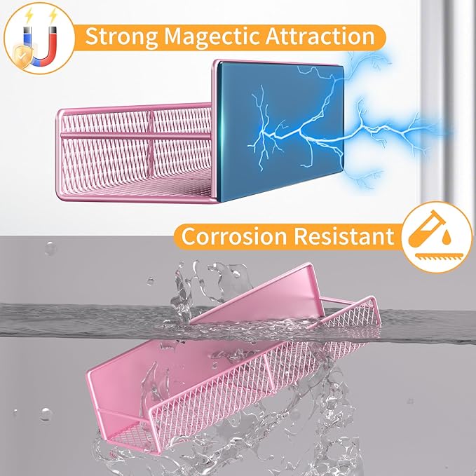 Magnetic Spice Rack for Refrigerator, 2 Pack 100% Metal Strong Magnet Shelf, Space Saving Spice Organizer W/ Hooks, Movable Magnetic Fridge Shelf, Kitchen Home Laundry Room Storage Organization, Pink
