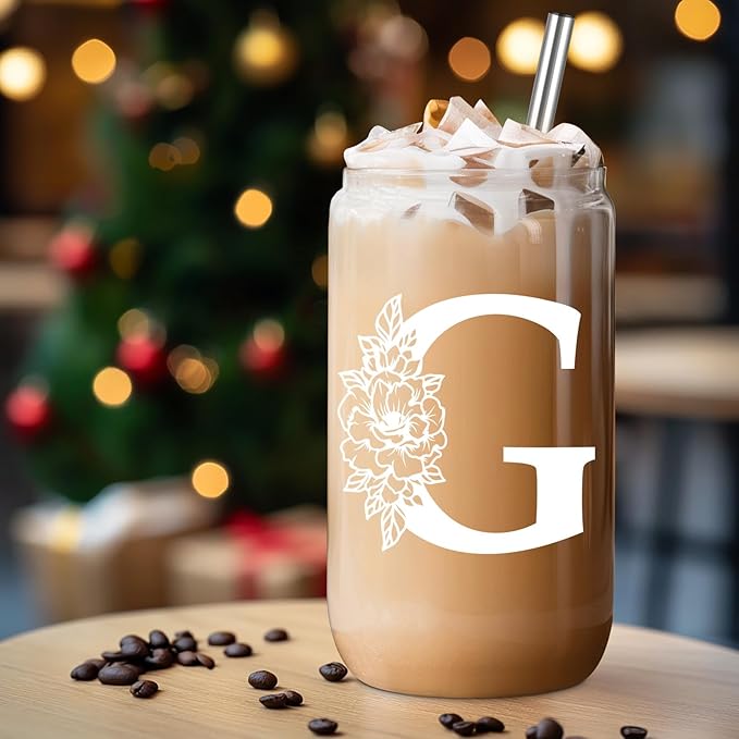 Coolife Initial Glass Cup, Monogrammed Gifts for Women, 16 oz Glass Cups w/Lids Straws, Iced Coffee Smoothie Beer Tumbler w/Straw Lid - Personalized Christmas, Birthday Gifts for Her Mom Friend Woman