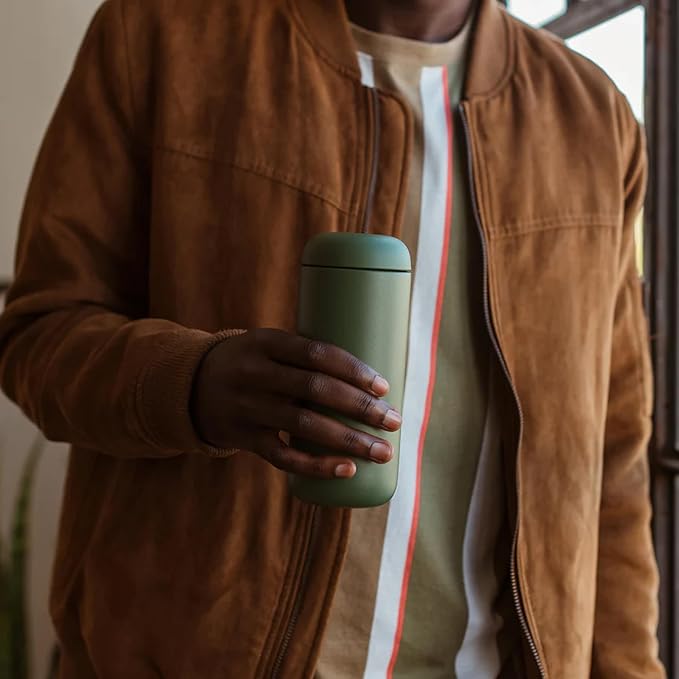 Fellow 16 oz Carter Move Travel Mug - Vacuum-Insulated Stainless Steel Travel Coffee Mug - Coffee Tumbler with Ceramic Interior and Splash Guard - Cargo Green