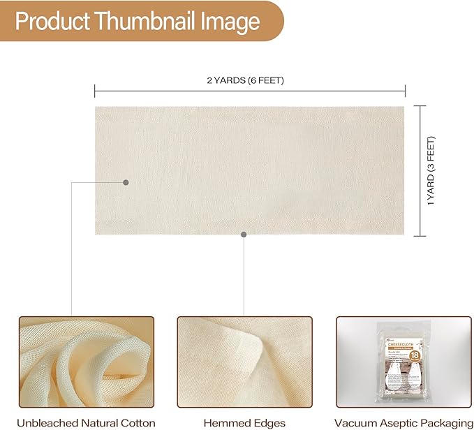 eFond Cheesecloth, 18 Square Feet Grade 100 Cheese Cloths for Straining Reusable, Washable, Lint Free and Ultra Fine Mesh Unbleached Pure Cotton Muslin Cloths for Cooking with Hemmed 2 Edges (2 Yards)