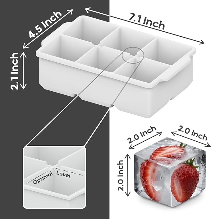 KitchFort Large Silicone Ice Cube Tray (3-Pack), Easy Release 2" Big Ice Cubes - Cocktail, Whiskey Ice Cubes Mold - Ice Trays for Freezer with Lid - Stackable Silicone Ice Tray - White