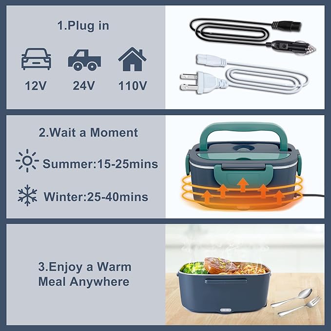 Nifogo Electric Lunch Box Food Heater 80W Heated Lunch Boxes for Men 1.5l Electric Lunch Box for Adults Portable 12/24/110V Heating Lunchbox for Work/Car/Truck with Insulated Bag(1.5L-Blue)