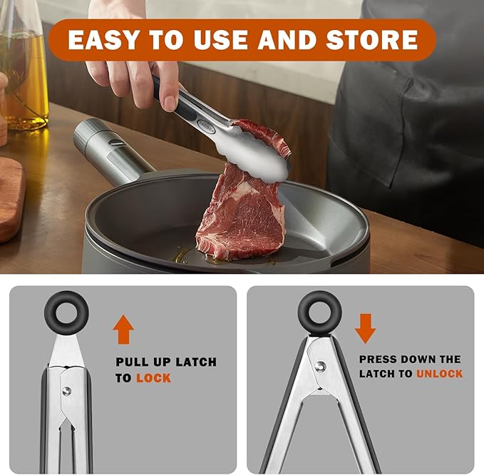 TACGEA Stainless Steel Kitchen Tongs, Silicone Non-slip Grip, Locking Grilling Food Tongs Set of 3-7inch, 9inch and 12inch