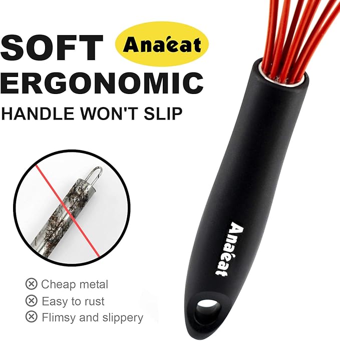 Anaeat Silicone Whisk, Thick Stainless Steel Wire Inner - Heat Resistant Kitchen Whisks for Non-Stick Cookware, Balloon Egg Beater for Whisking, Blending, Beating, Frothing & Stirring (Red)