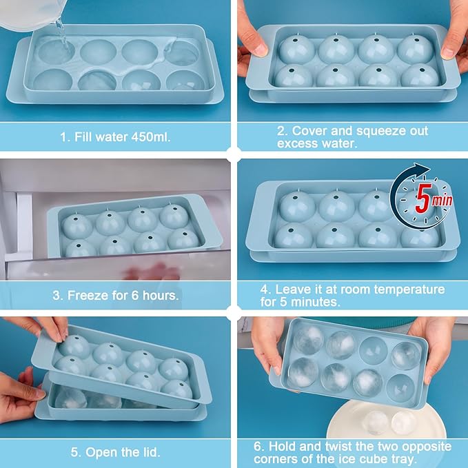 Ice Cube Trays with Lids for Freezer,8 Sphere Large Ice Cube Tray with Easy Release for Ice Drinks,Sphere Ice Cube Mold for Reusable Ice Cubes for Coffee Bar