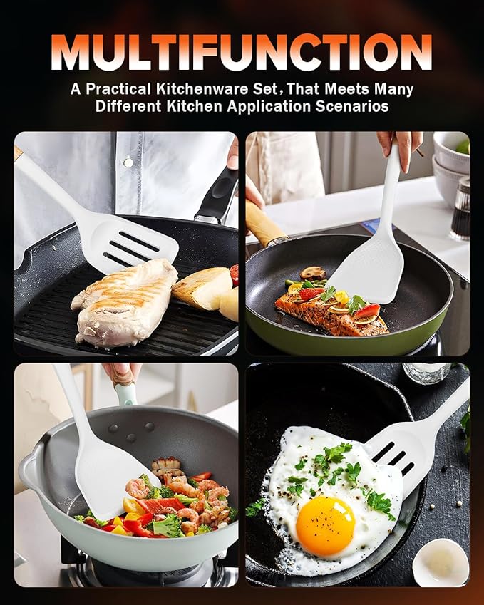 Silicone Wok Spatula Turner Set, Perfect for Scooping, Flipping, Lifting Pancakes and Picking up Veggies, BPA-Free Matte Silicone, Wooden Handles, Safe for Nonstick Cooking Surfaces (White)