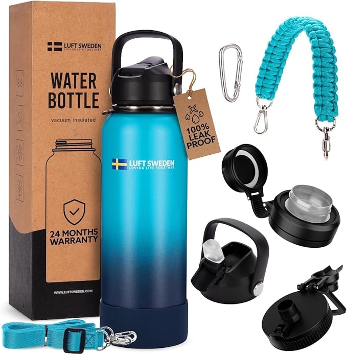 LUFT SWEDEN 32 oz Deep Blue Insulated Water Bottle with Straw Lid – Stainless Steel, Leakproof & Dishwasher Safe – Reusable Gym Flask for Cold Drinks – Sweatproof, BPA-Free, Double Wall Thermos
