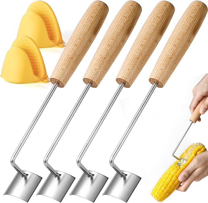 Corn Peeler for Corn on The Cob Corn Cutter Peeling Tool with Gloves (4 Stainless Steel Peelers, 2 Yellow Gloves)