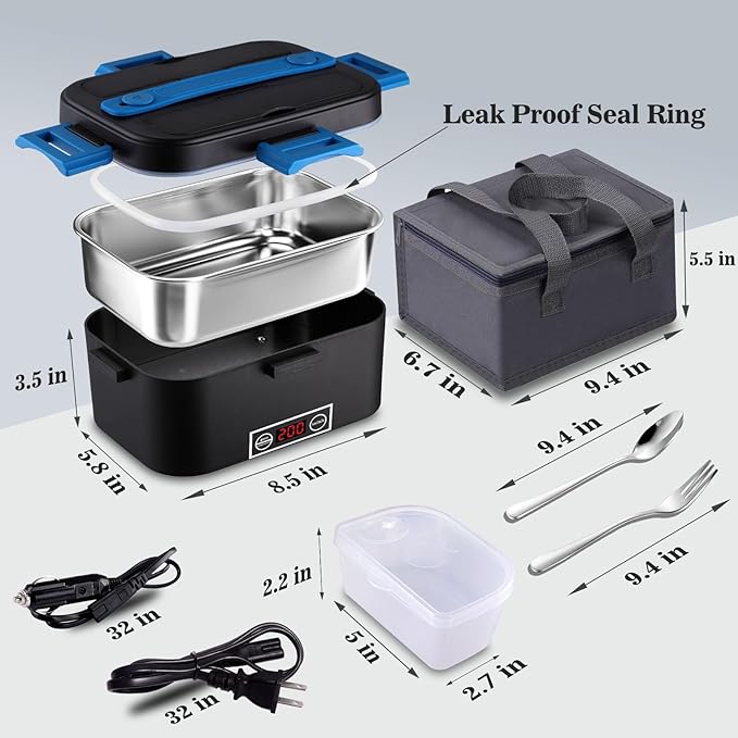 Nifogo Electric Lunch Box for Adults 80W with Temperature Display Heated Lunch Box Food Warmer Lunch Box 1.8L Stainless Steel Container&Bag 12V/24V/110V for Car/Truck/Work(Blue)