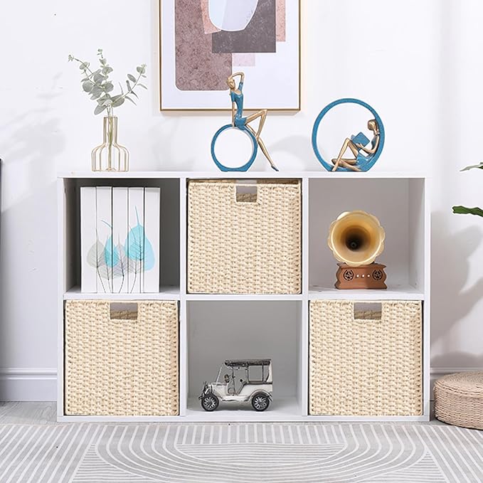 Vagusicc Wicker Storage Basket, Set of 2 Hand-Woven Paper Rope Wicker Baskets, Foldable Cube Storage Bins, Beige Storage Basket, Square Baskets for Organizing Shelves & Decor, Beige(13″×13″×13″)