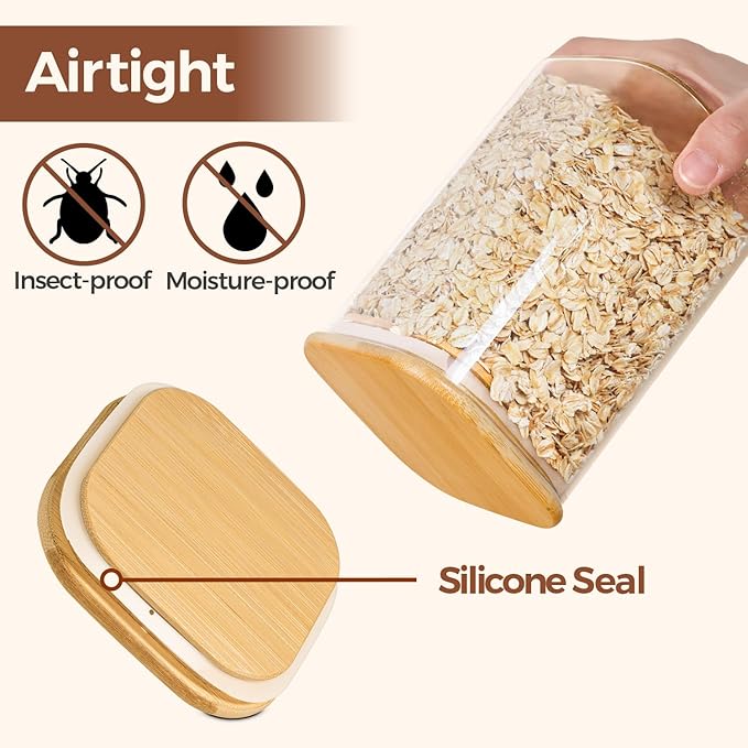 ComSaf Airtight Glass Storage Canister with Wood Lid (1.6 Qt), Clear Food Storage Container Jar with Sealing Lids for Oat Pasta Flour Cereal Rice Sugar Tea Coffee Beans, Set of 3 Square Cookie Jar