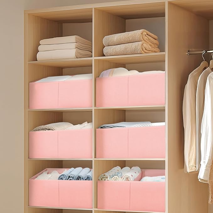 DIMJ Large Closet Shelf Organizer Bins 6 Packs with Handles and Divider, Fabric Trapezoid Storage Baskets, Foldable Clothes Containers Box for Shelf, Towel, Book, Toy, Purse, Hats, Pink