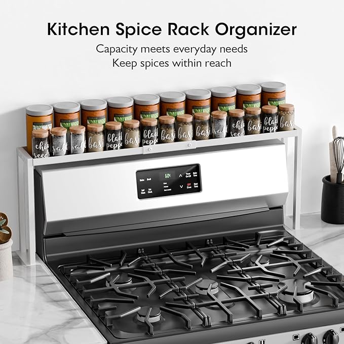 Bumusty Spice Rack Shelf for Kitchen Stove, 32" Adjustable Oven Spice Rack, Seasoning Organizer Kitchen Shelves，White